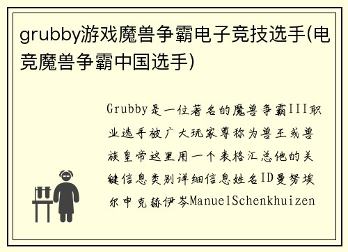 grubby游戏魔兽争霸电子竞技选手(电竞魔兽争霸中国选手)